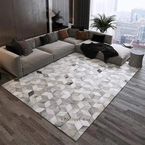 Alfombra a cuadros de piel de vaca gris – Alfombra de patchwork de piel de vaca con pelo para la decoración moderna de la sala de estar.