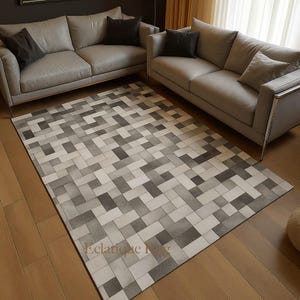 Grey & White Cowhide Patchwork Rug: Modern Geometric Leather Carpet