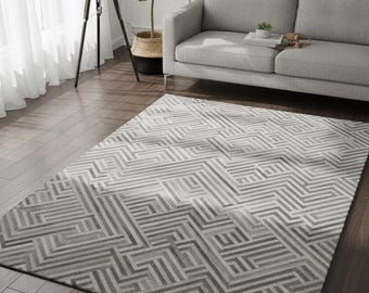 Grey Cowhide Area Rug | Chevron Hair-On Leather Patchwork Carpet for Living Rooms