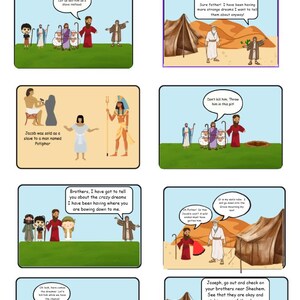 May include: A colourful illustrated comic strip titled "Lesson 14 - A Slave Who Obeyed God". The panels depict biblical scenes with speech bubbles, including characters in robes, tents, and sheep. The text includes phrases like "Don't kill him" and "Throw him in this pit!"