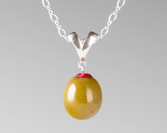 Green Olive Necklace w pimento, large hand blown glass cocktail olive on sterling silver slider and chain, Mothers Day Gift