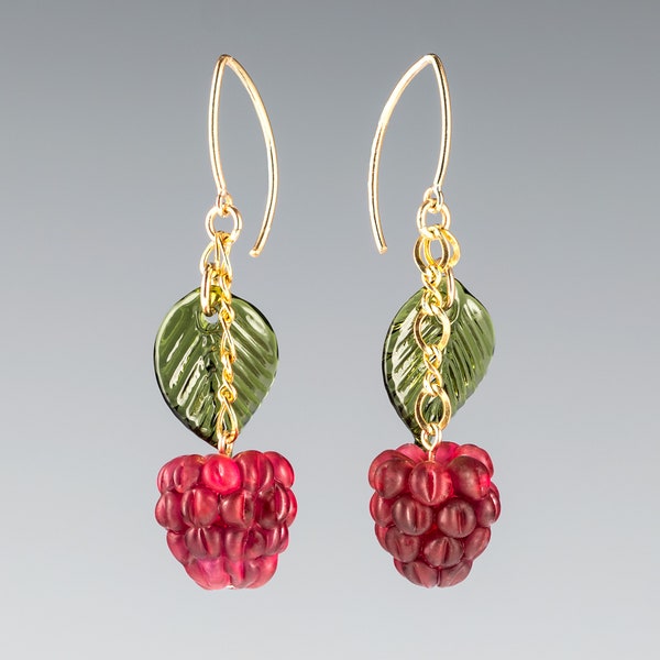 Raspberry Earrings w/ hand blown glass raspberries + leaves on your choice fo findings in sterling silver or gold-filled, Mothers Day Gift