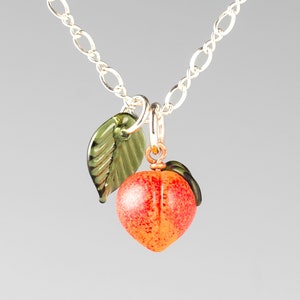 Peach Charm Necklace w tiny hand blown glass peach + leaf on sterling silver or gold-filled, Georgia Peach jewelry, Mothers Day Gift