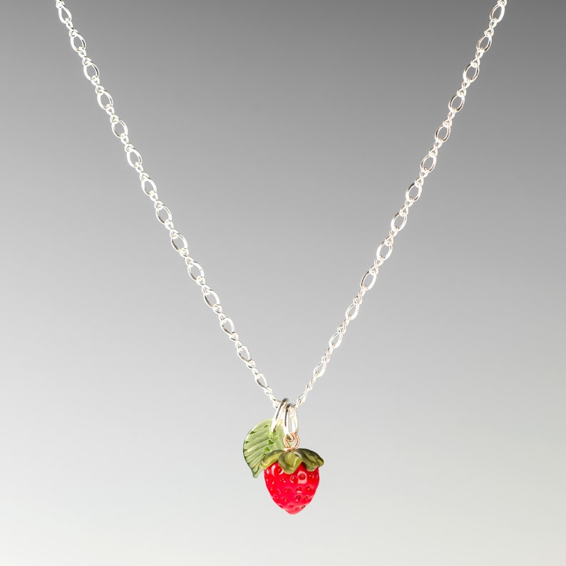 Strawberry Necklace Glass Strawberry Leaf Charm Layering Necklace Tiny Strawberry Pendant Fruit Necklace Mothers Day Gift image 2