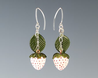 White Strawberry Earrings, tiny hand blown glass Alpine Strawberries + leaves on sterling silver or gold-filled, Mothers Day Gift