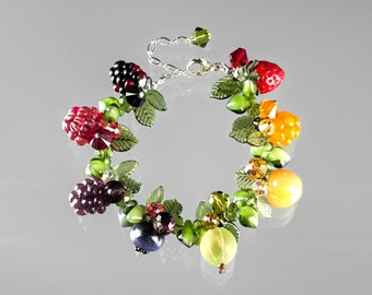 Glass Berry Bead Bracelet, 8 rainbow colors of hand blown glass fruits on sterling silver or gold-filled, fruit jewelry, Mothers Day Gift