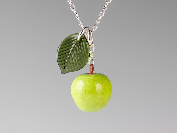 Large Sized Glass Green Apple Necklace on Sterling Silver or Gold