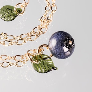Blueberry Necklace, Hand Blown Glass Jewelry, Leaf Charm, Fruit Necklace, Berry Lover Gift, Handmade Jewelry, Girlfriend Gift, Summer Style