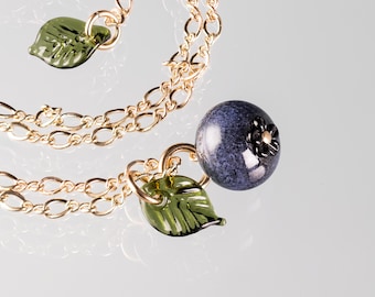 Blueberry Necklace, Hand Blown Glass Jewelry, Leaf Charm, Fruit Necklace, Berry Lover Gift, Handmade Jewelry, Girlfriend Gift, Summer Style