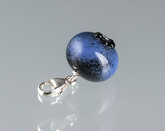 Blueberry Charm, realistic hand blown glass blueberry on sterling silver or gold-filled lobster clasp, nature jewelry, Mothers Day Gift