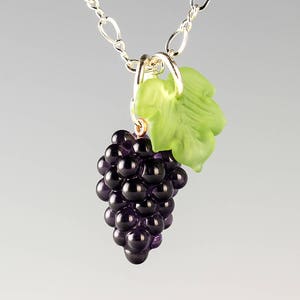 Grape Necklace, black hand blown glass grape bunch + leaf on sterling silver or gold-filled, wine lover gift