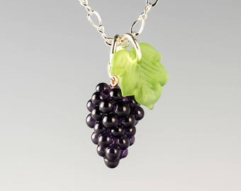 Grape Necklace, black hand blown glass grape bunch + leaf on sterling silver or gold-filled, wine lover gift, Mothers Day Gift