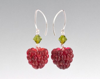 Raspberry Earrings w/ realistic hand blown glass raspberries + crystals on sterling silver or gold-filled, Mothers Day Gift