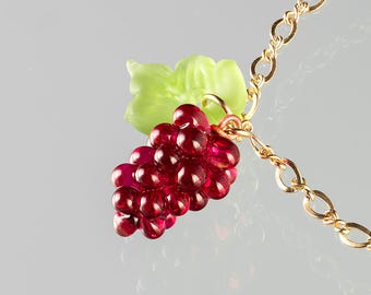 Grapes Bracelet w red hand blown glass grape bunch + leaves on sterling silver or gold-filled, wine lover gift, Mothers Day Gift