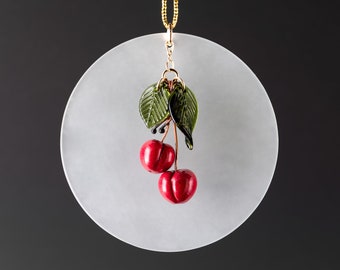 Double Cherry Ornament, pair of hand blown small red glass cherries + dark green leaves on a glass lens, Mothers Day Gift