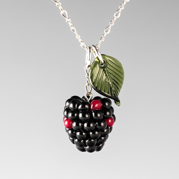 Blackberry Necklace w medium-sized hand blown glass blackberry + leaf charm on sterling silver or gold-filled, jewelry, Mothers Day Gift