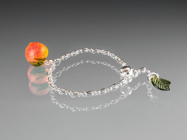 Peach Bracelet w hand blown glass peach leaf on sterling silver or gold-filled, Georgia Peach jewelry, Mothers Day Gift image 2