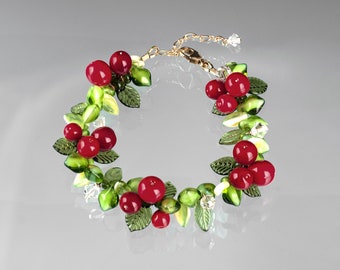 Glass Red Berry Bracelet /Holly Berries /Pepper Berries in sterling silver or gold-filled, hand blown glass Christmas jewelry, GlassBerries