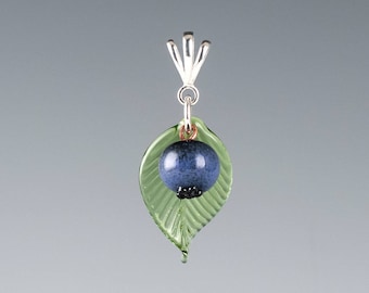 Blueberry Pendant w hand blown glass blueberry + leaf on sterling silver slider, your choice of sizes, Mothers Day Gift