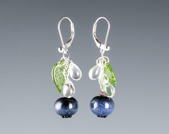 Blueberry Earrings w hand blown glass blueberries + leaves + water drops on sterling silver or gold-filled findings, Mothers Day Gift