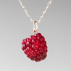 Raspberry Necklace w/ life-sized glass raspberry charm on sterling silver or gold-filled, tilted or straight, Mothers Day Gift