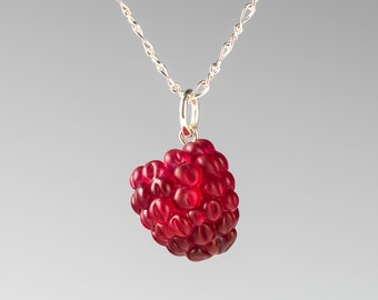 Raspberry Necklace w/ life-sized glass raspberry charm on sterling silver or gold-filled, tilted or straight, Mothers Day Gift