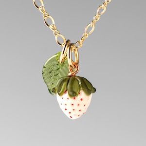 White Strawberry Necklace w tiny hand blown glass Alpine Strawberry + leaf on sterling silver or gold-filled, Mothers Day Gift