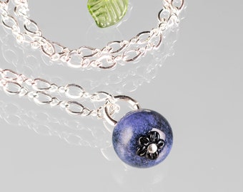 Blueberry Necklace, Pendant Necklace, Glass Fruit Necklace, Blueberry Charm, Hand Blown Glass Beads, Berry Lover Gift,Birthday Gifts For Her