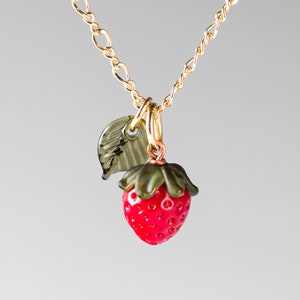 Strawberry Necklace Glass Strawberry Leaf Charm Layering Necklace Tiny Strawberry Pendant Fruit Necklace Mothers Day Gift image 4