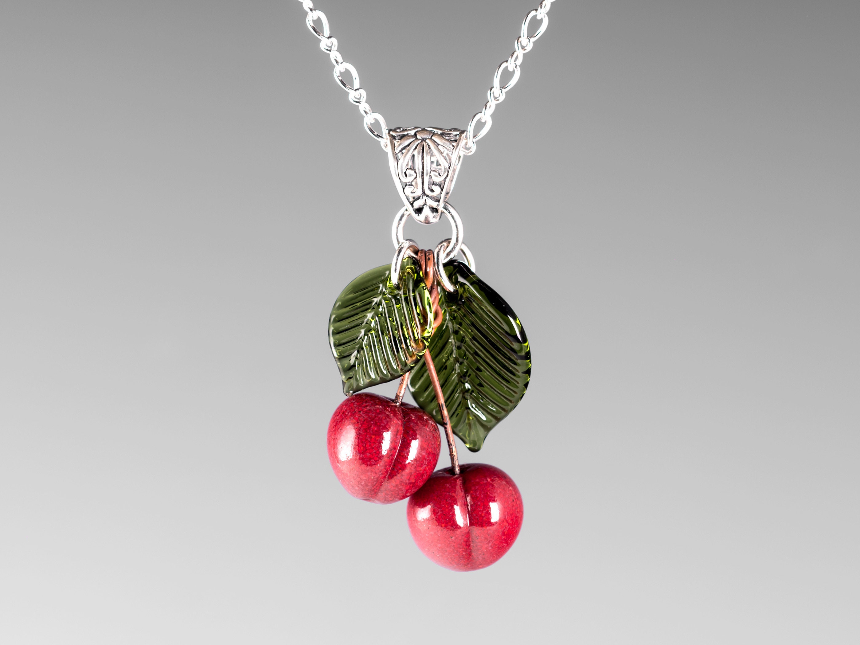 Red Cherry Pendant Necklace Pair of Hand Blown Glass Small Red