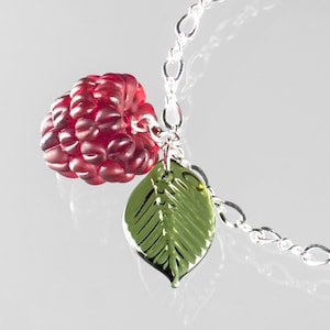 Raspberry Charm Bracelet w/ glass raspberry  + leaf on sterling silver or gold-filled chain, lampwork bead jewelry, Mothers Day Gift