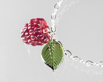 Raspberry Charm Bracelet w/ glass raspberry  + leaf on sterling silver or gold-filled chain, lampwork bead jewelry, Mothers Day Gift