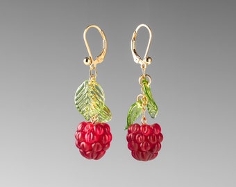 Raspberry Earrings w/ glass raspberries + double glass leaves on sterling silver or gold-filled, nature inspired jewelry, Mothers Day Gift