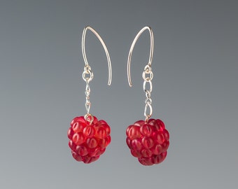 Raspberry Earrings w/ tilted hand blown glass raspberries on sterling silver or gold-filled findings, Mothers Day Gift