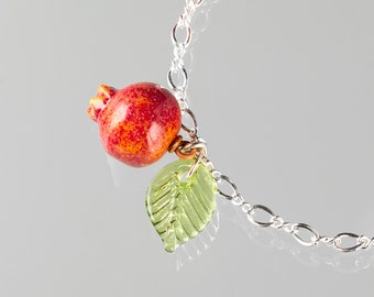 Glass Pomegranate Charm Bracelet in silver or gold, hand blown glass art, nature inspired jewelry, Mothers Day Gift