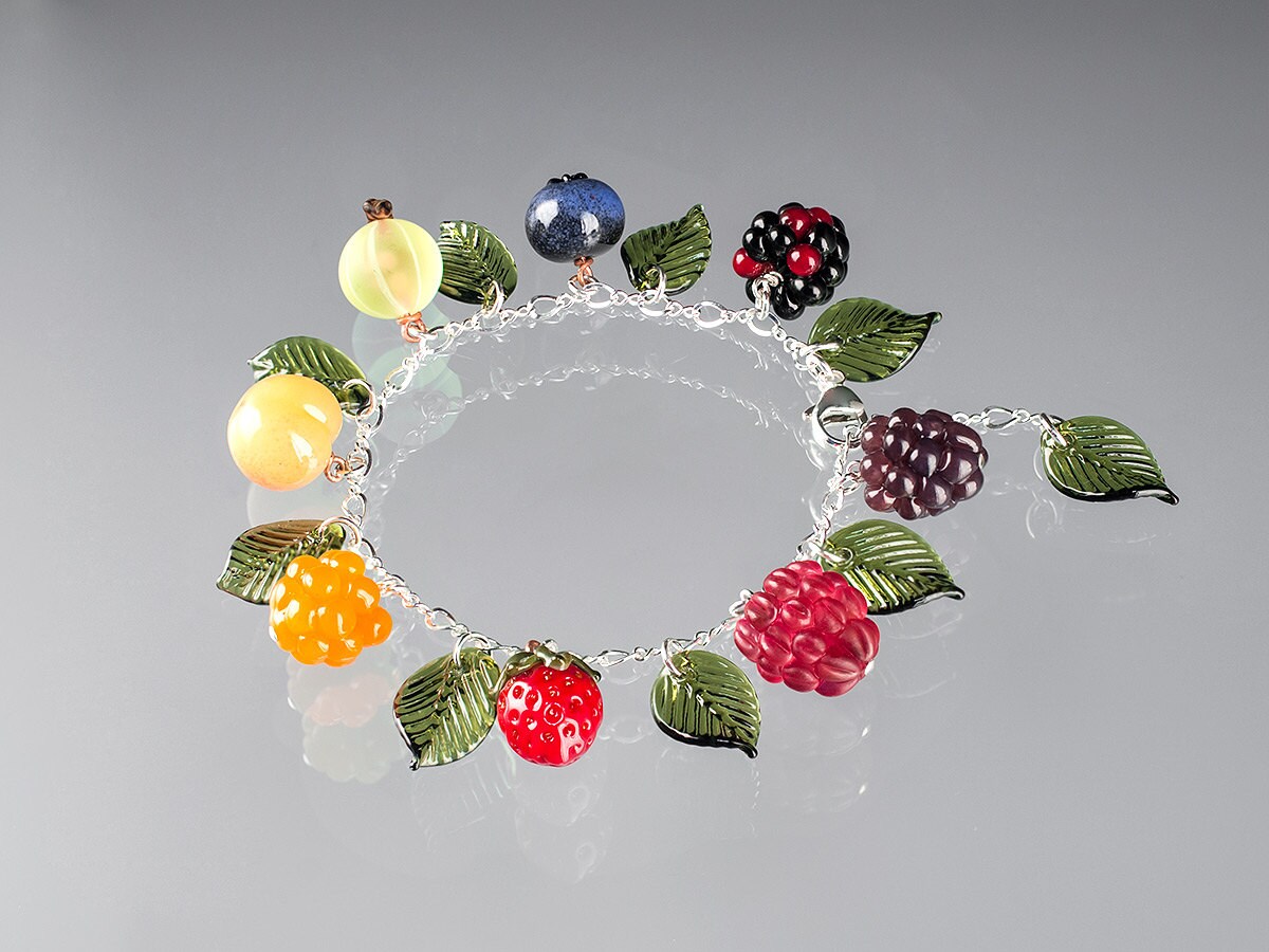 Rainbow Glass Fruit Charm Bracelet lampwork bead jewelry hand