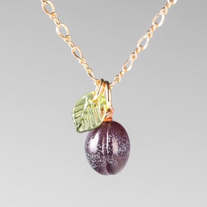 Small Glass Plum Charm Necklace on sterling silver or gold-filled, hand blown glass art, nature inspired jewelry, Mothers Day Gift