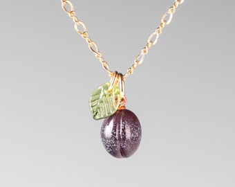 Small Glass Plum Charm Necklace on sterling silver or gold-filled, hand blown glass art, nature inspired jewelry, Mothers Day Gift