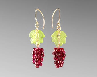 Grape Earrings, red hand blown glass grape bunches + leaves on sterling silver or gold-filled, wine lover gift, Mothers Day Gift