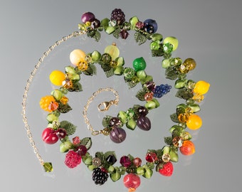 Glass Fruit Necklace, 21 rainbow colors of hand blown glass beads, full length on sterling silver or gold-filled, Mothers Day Gift