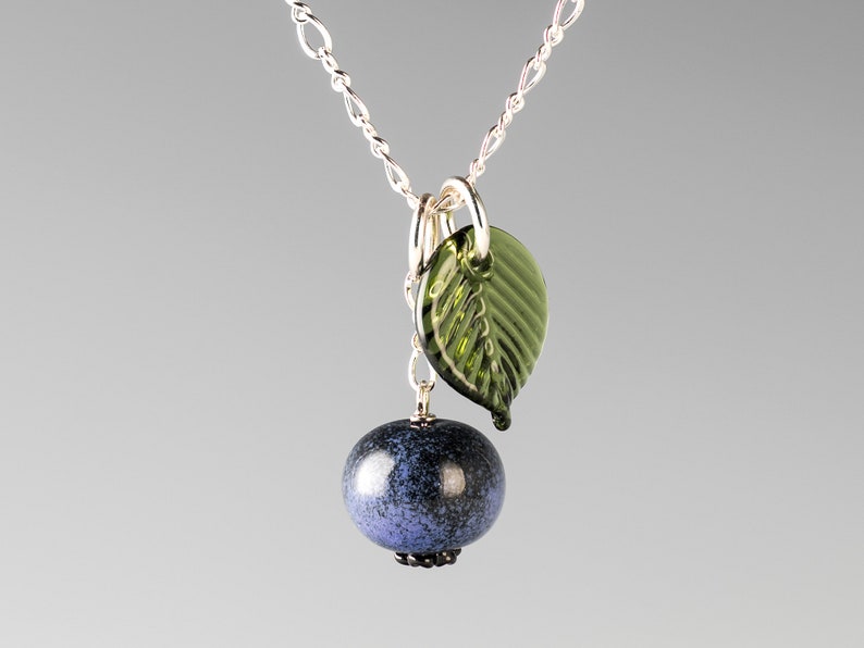 Blueberry Necklace w medium-sized hand blown glass blueberry leaf charm on sterling silver or gold-filled, jewelry, Mothers Day Gift image 5