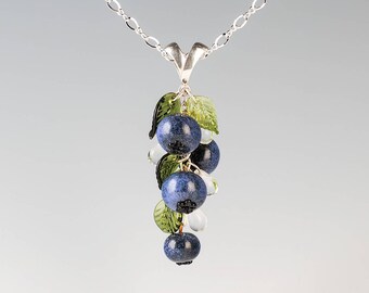 Blueberry Necklace w hand blown glass blueberries + leaves on sterling silver slider and chain, blueberry jewelry, Mothers Day Gift