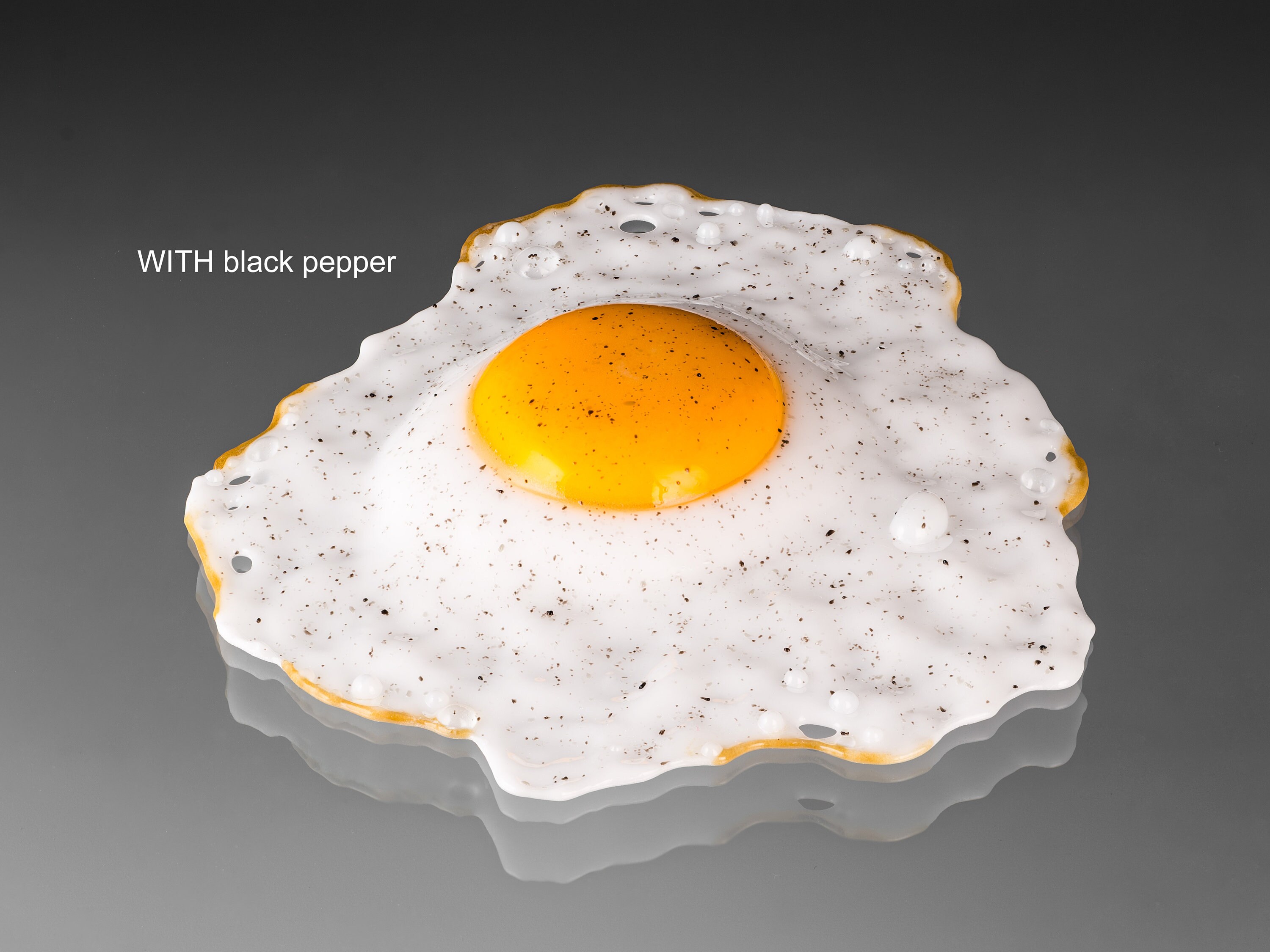 Hand blown glass art, Glass Fried Egg Sculpture WITH BLACK PEPPER, si…