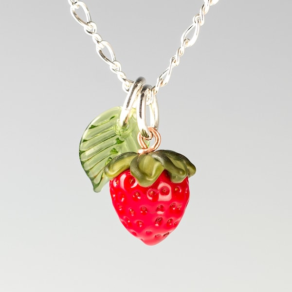 Strawberry Necklace | Glass Strawberry + Leaf Charm | Layering Necklace | Tiny Strawberry Pendant | Fruit Necklace | Mothers Day Gift