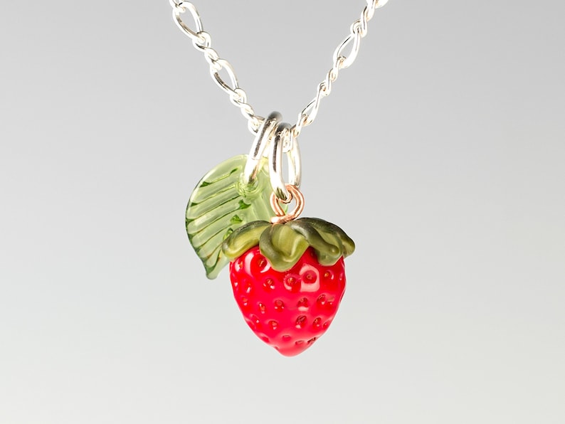 Strawberry Necklace Glass Strawberry Leaf Charm Layering Necklace Tiny Strawberry Pendant Fruit Necklace Mothers Day Gift image 1