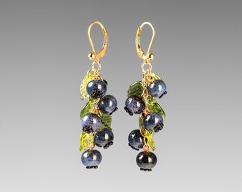 Blueberry Earrings w hand blown glass blueberries + leaves on sterling silver or gold-filled, heirloom jewelry, Mothers Day Gift