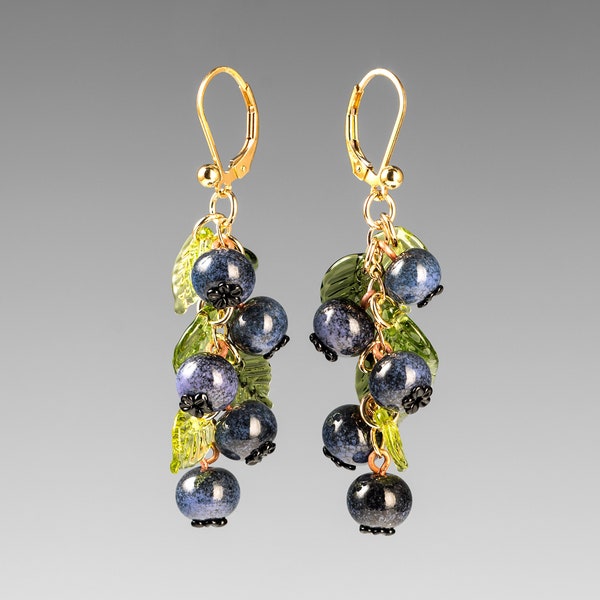 Blueberry Earrings w hand blown glass blueberries + leaves on sterling silver or gold-filled, heirloom jewelry, Mothers Day Gift