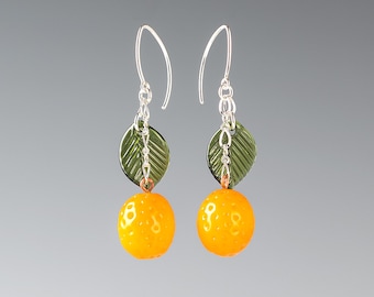 Glass Kumquat Earrings on sterling  silver or gold-filled, hand blown glass art, nature inspired jewelry, Mothers Day Gift