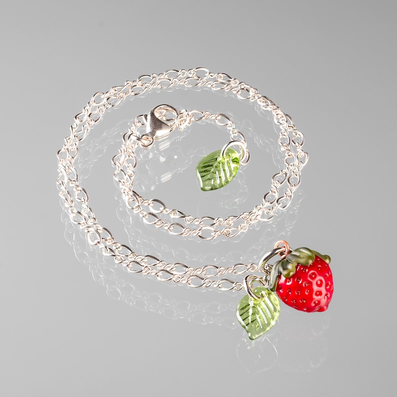 Strawberry Necklace Glass Strawberry Leaf Charm Layering Necklace Tiny Strawberry Pendant Fruit Necklace Mothers Day Gift image 3