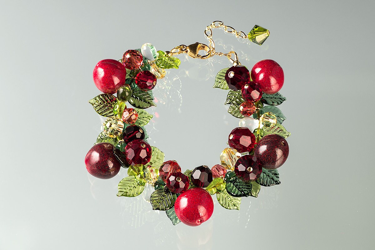 Glass Cherry Bracelet / Red Cherry lampwork bead jewelry hand